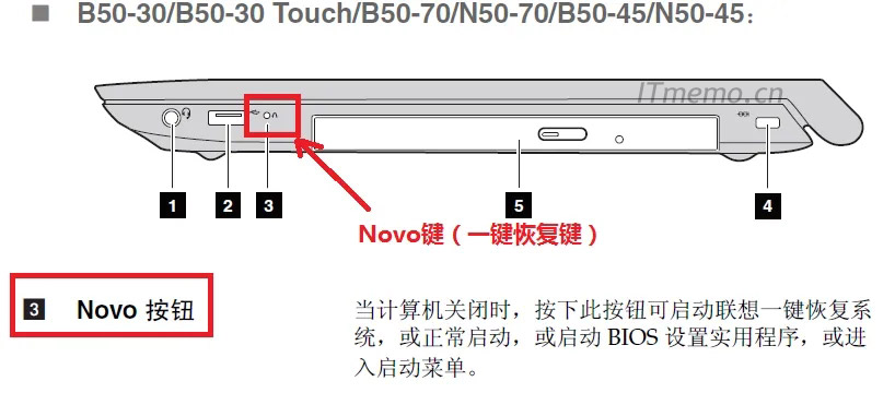 7、有的笔记本电脑在系统情况下直接重启是无法进入BIOS的，需要开机按对应的BIOS快捷键/或专门的按键才能进入BIOS，比如：联想部分笔记本就是这样的，进入BIOS的按键是笔记本侧面的一个：NOVO键。